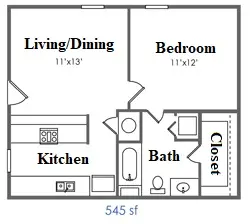 Cole Place one bedroom, one bath floor plan with a walk-in closet, 545 square feet (2)