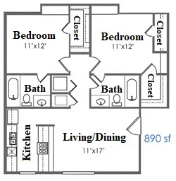 Cole Place two bedroom, two bath floor plan, 890 square feet (3)