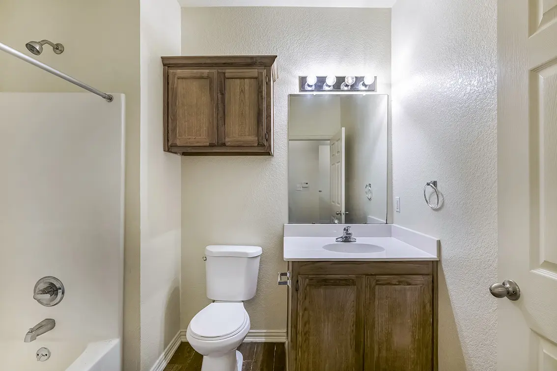 Lone Star bathroom with a wood vanity, wall cabinet and tub with shower (10)