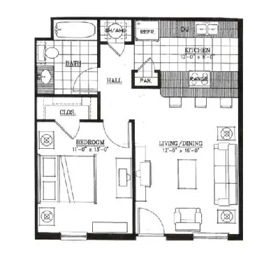 Lone Star one bedroom, one bath floor plan with a kitchen bar and living and dining room (2)