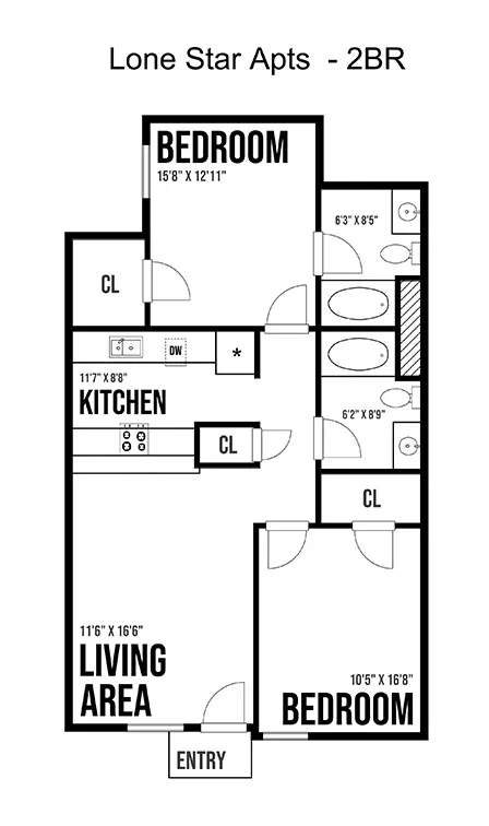 Lone Star two bedroom, two bath floor plan with living area and kitchen (3)