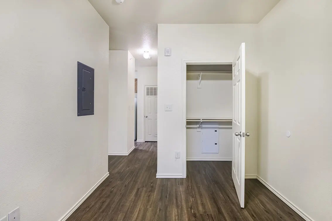 Lone Star hallway with a wood style floor and an open closet door (9)