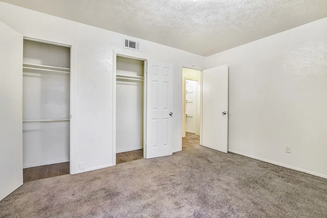 Carpeted bedroom with two open closets at The Clusters (11)