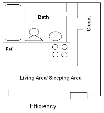 The Clusters efficiency floor plan with a combined living and sleeping area, kitchen and bath (2)