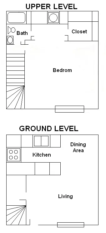 The Clusters two level floor plan with the bedroom and bath upstairs and the kitchen and living room below (3)