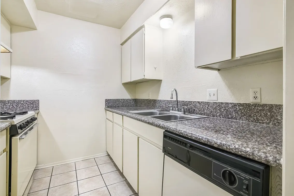The Clusters kitchen with white cabinets, speckled counters, a double sink and dishwasher (8)